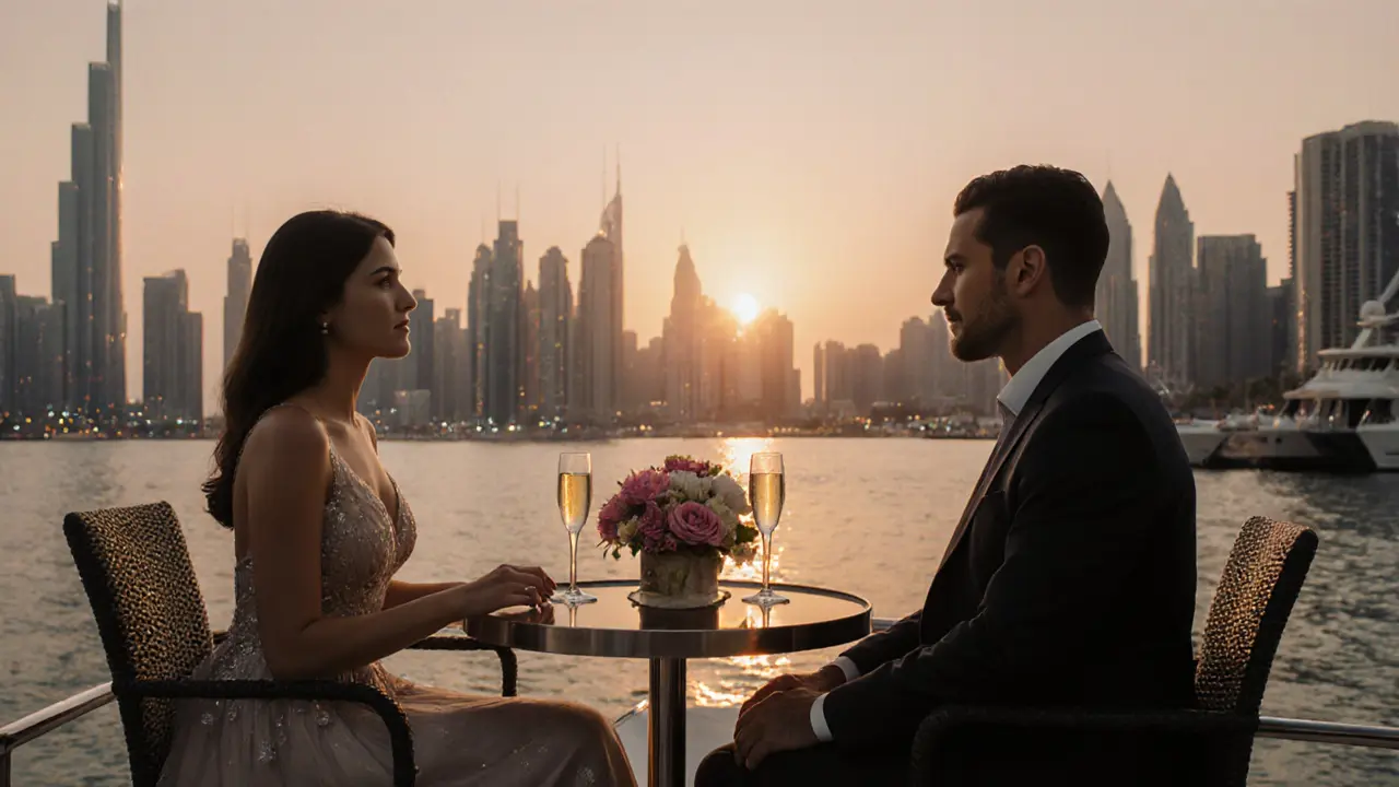 A couple enjoying champagne on a private yacht at Dubai Marina at sunset, surrounded by elegance and calm.