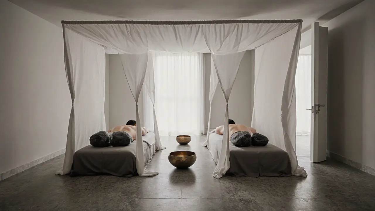 A couple lies under silk canopy in a minimalist spa room with warm stones and soft ambient light.