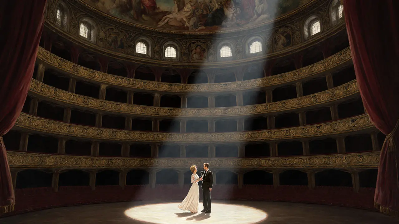 A couple stands alone on the empty stage of La Scala Opera House, bathed in moonlight and spotlight, surrounded by grand golden balconies.