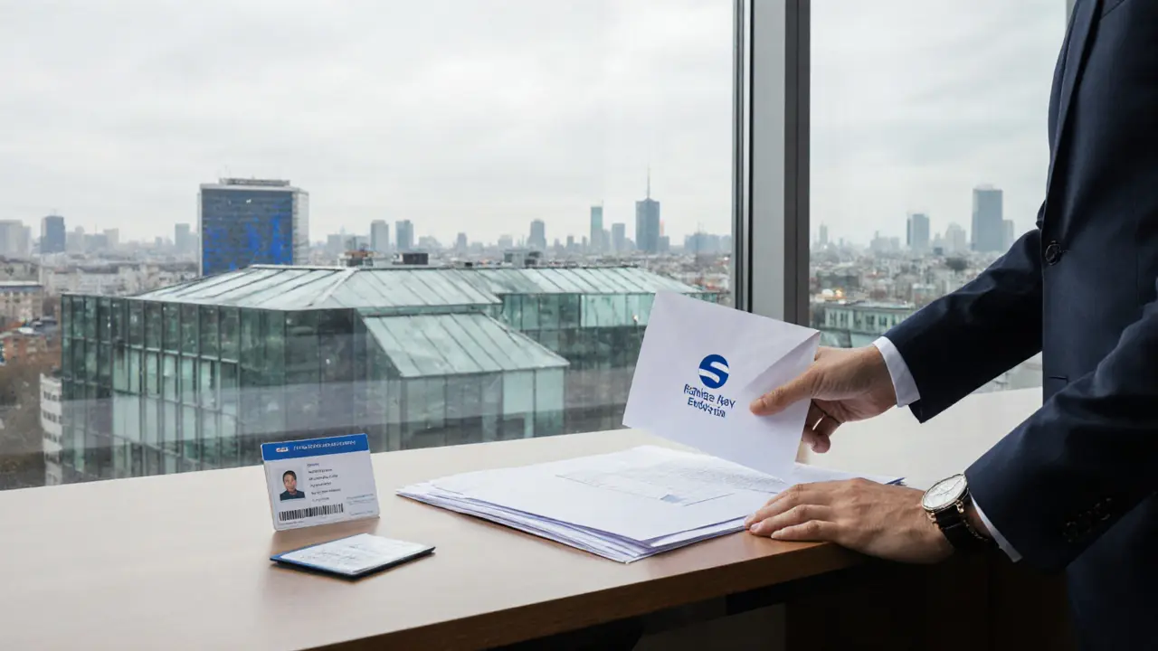 A desk with legal documents, ID badge, and sealed envelope in a modern office overlooking Berlin.