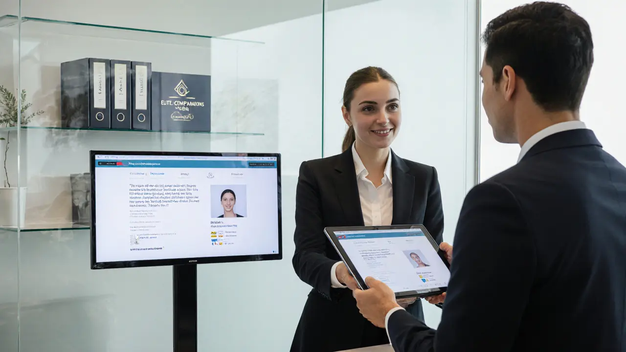 A professional agency office in Dubai displaying verified client reviews and secure payment systems.