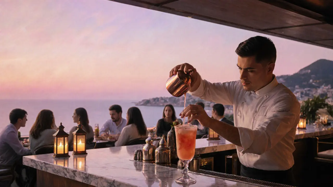 Bartender mixing a Monaco Mule on a rooftop bar overlooking the sea at sunset.