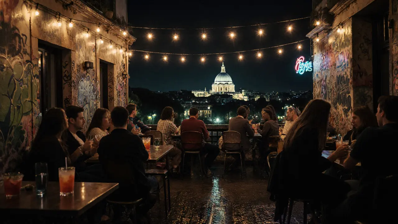 Belleville terrace bar with Sacré-Cœur glowing in the night
