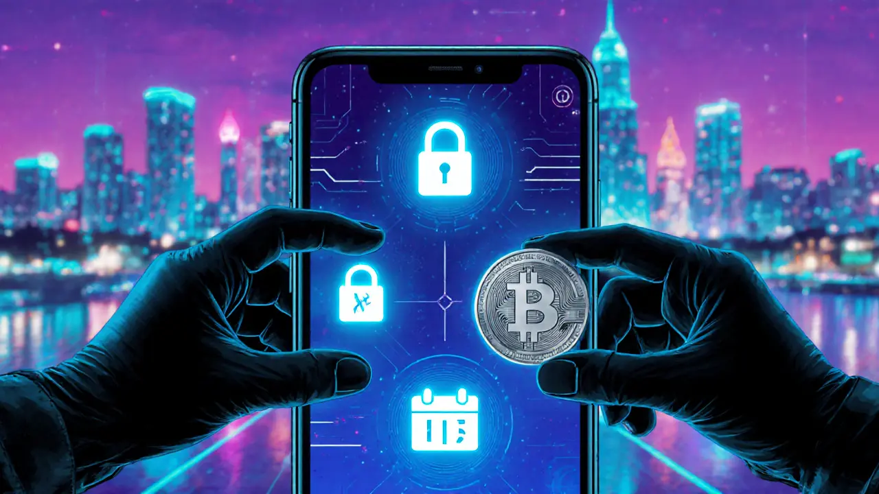Close‑up of a smartphone showing a secure booking app with glowing lock and crypto icons, hands exchanging a token.
