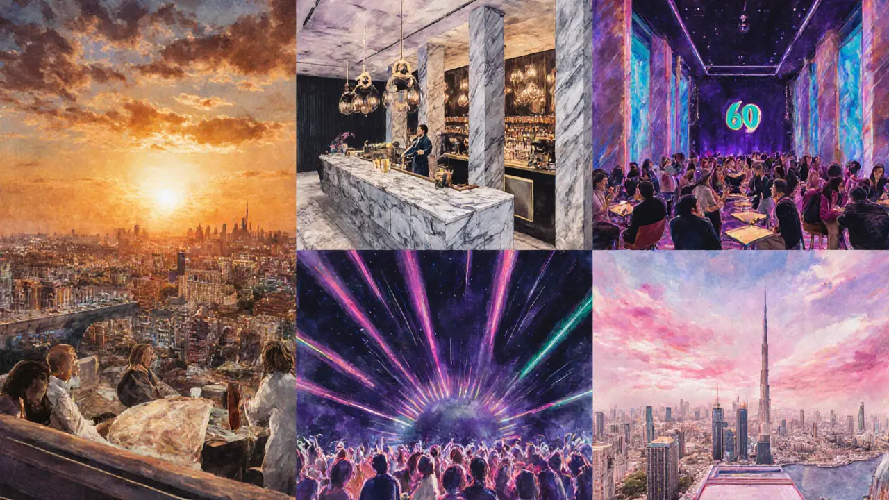 Collage of a night out moving from rooftop bar to upscale café, nightclub, and rooftop lounge.