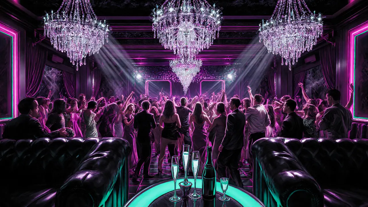 Crowded VIP dance floor at Jimmy'z with bottle service and vibrant lighting.
