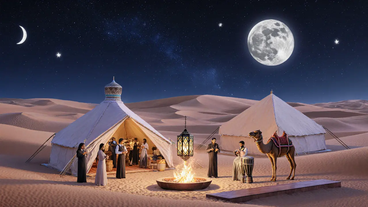 Desert Starlight Festival scene with dunes, starry sky, tents, and lanterns.