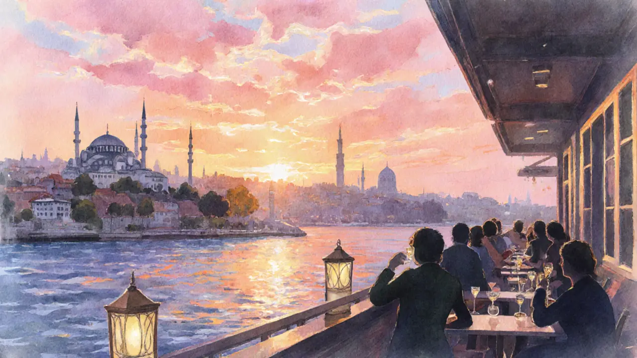 Early morning rooftop scene as sunrise lights the Bosphorus, patrons enjoying drinks while the city awakens.