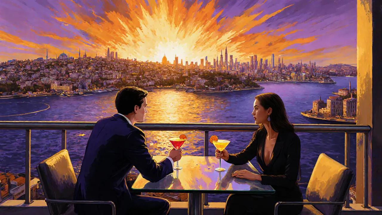 Elegant couple at Mikla rooftop bar sipping cocktails with panoramic sunset view.
