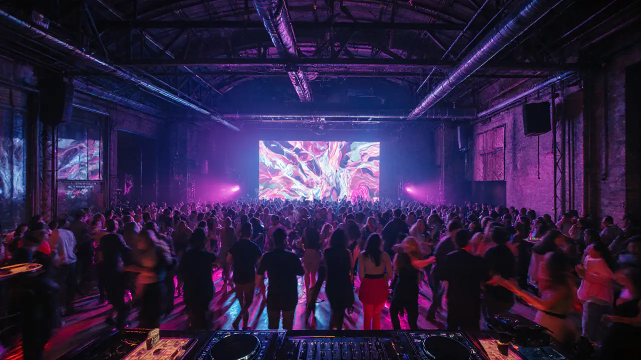 Energetic crowd dancing in Club Plastic under neon lights and LED visuals.