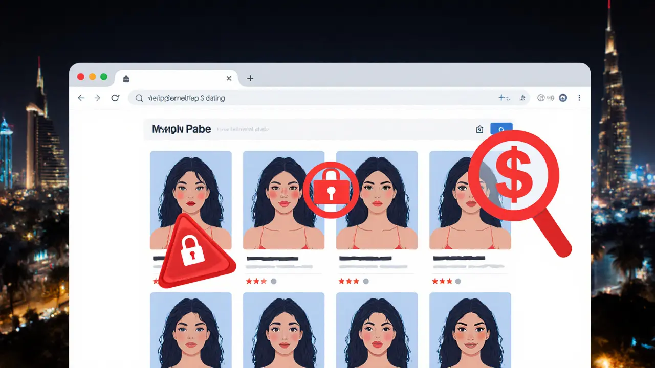 Fake escort profiles with duplicate stock photos and warning symbols displayed on a digital screen against a dark city backdrop.