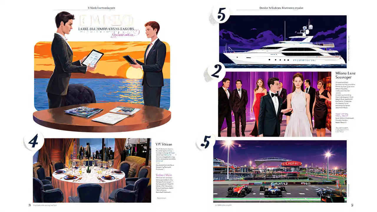 Five illustrated vignettes showing business meeting, yacht cruise, fashion backstage, private dinner, and VIP grand prix.