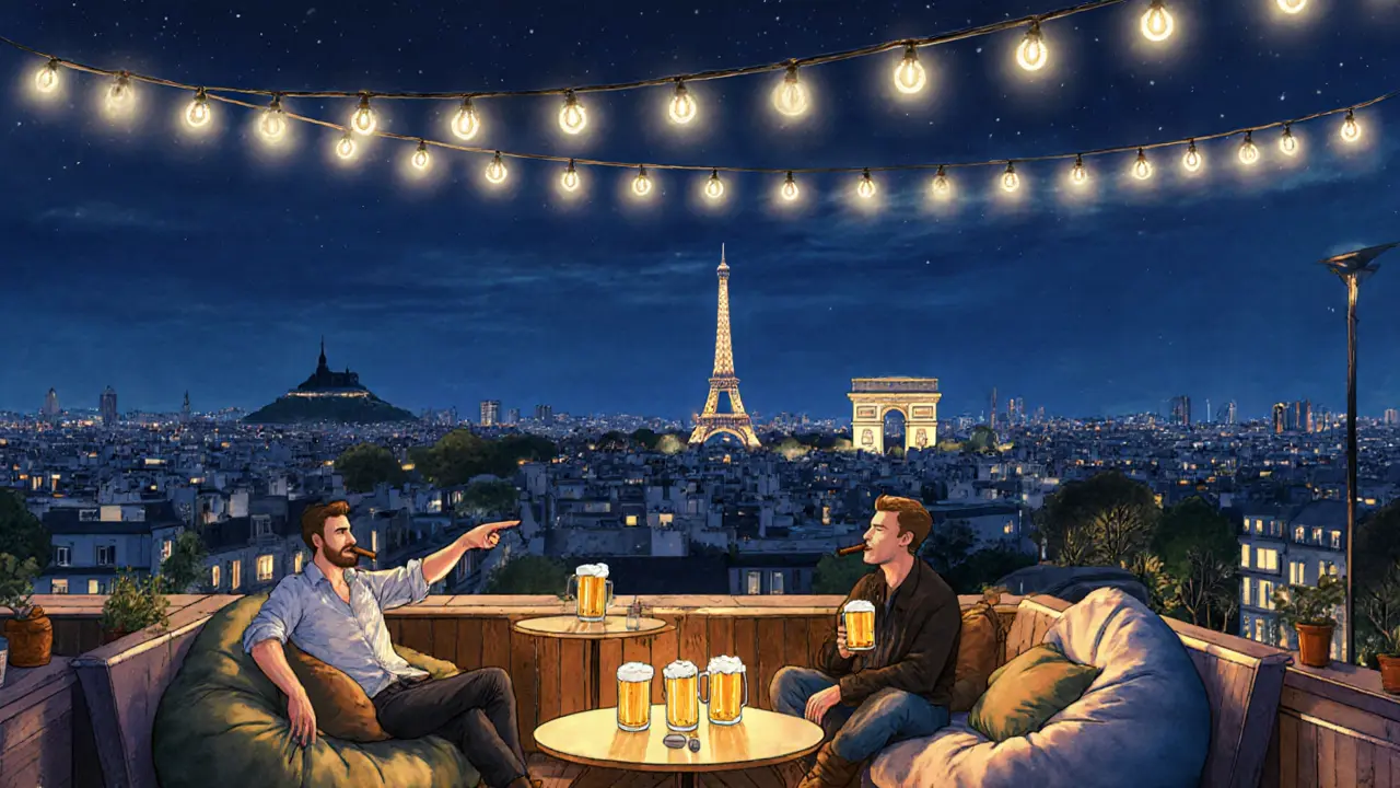 Friends relaxing on a rooftop with panoramic views of Paris at night, Eiffel Tower glowing in the distance.