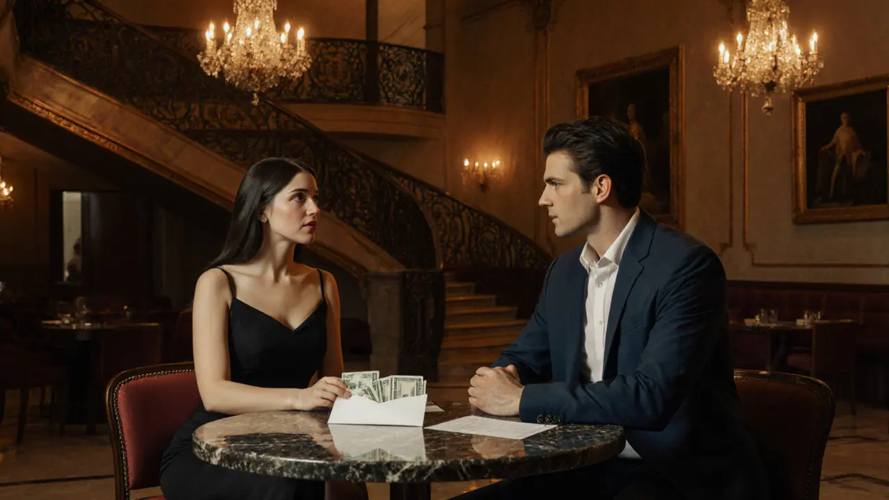 Gentleman and escort exchanging cash at a hotel lobby table in Berlin.