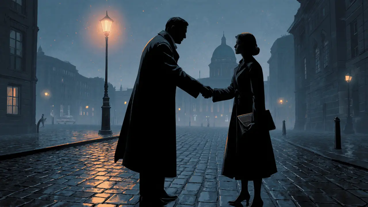 Gentleman shaking hands with escort on a dimly lit Berlin street at night.