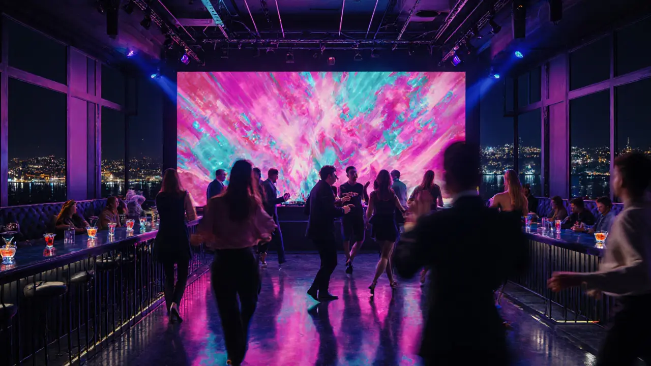 Inside a sleek Karaköy rooftop club with glowing LED wall, dancers and a view of the Bosphorus at night.