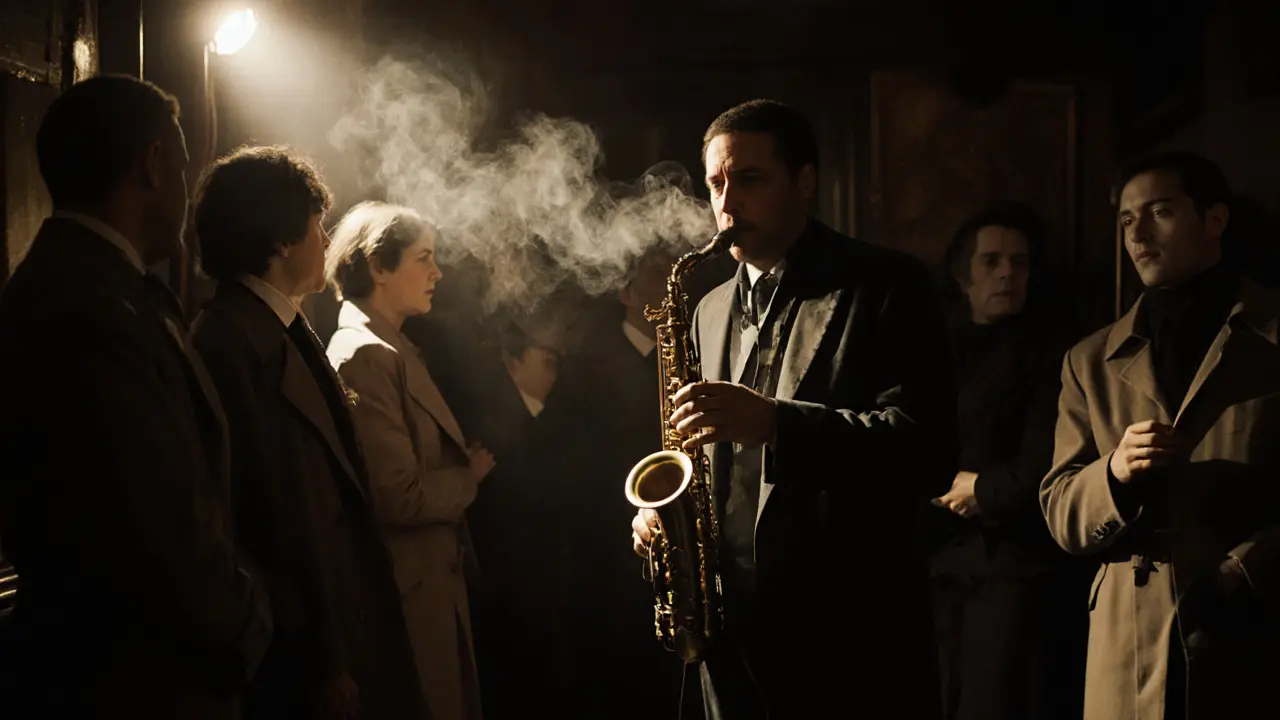 Jazz club in Saint-Germain with saxophonist and intimate crowd