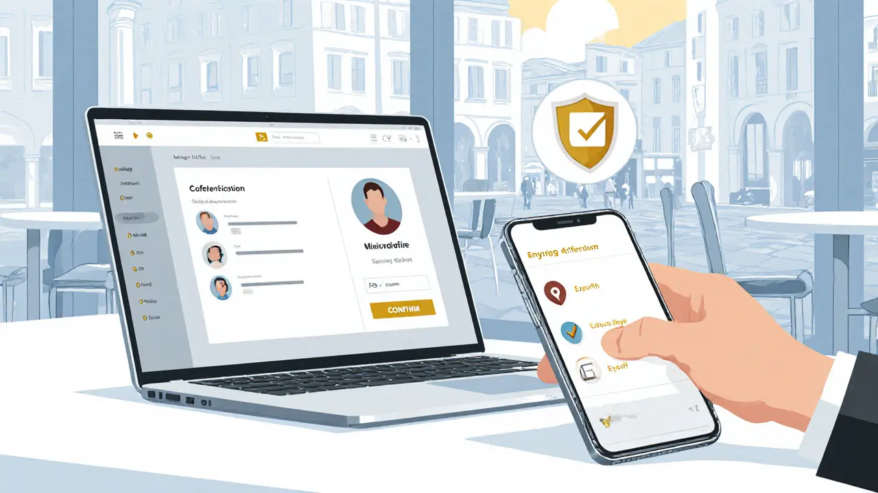 Laptop and phone on café table showing secure booking apps with safety icons.