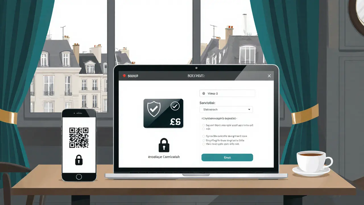 Laptop screen showing a secure booking site with verification badge and encrypted payment icons.