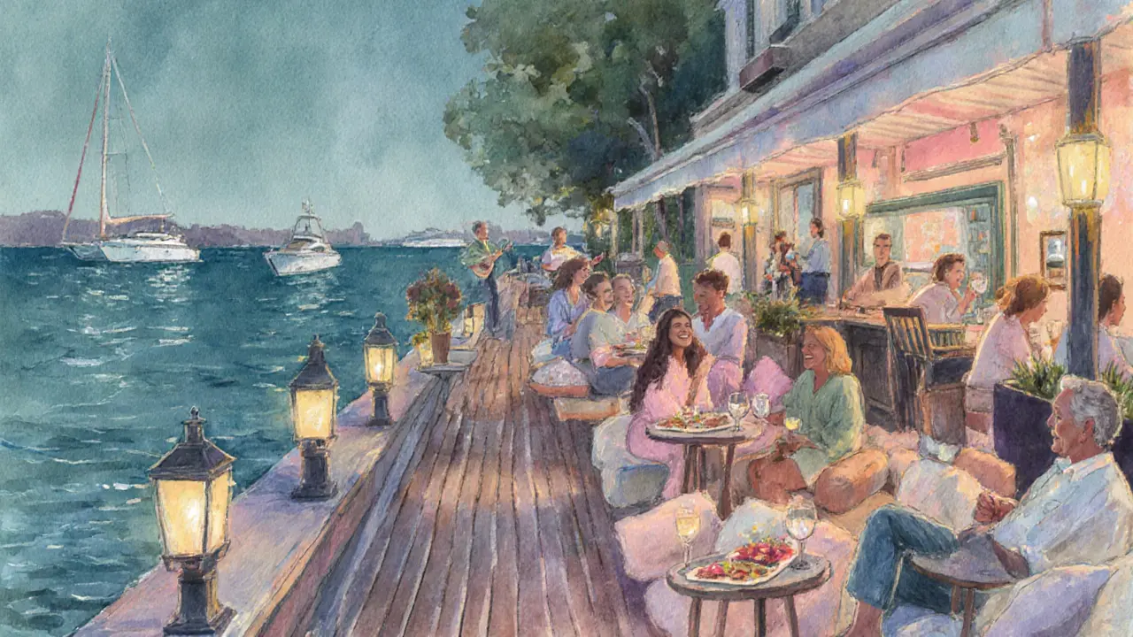 Le Quai des Artistes waterfront bar at night with lanterns and relaxed patrons.