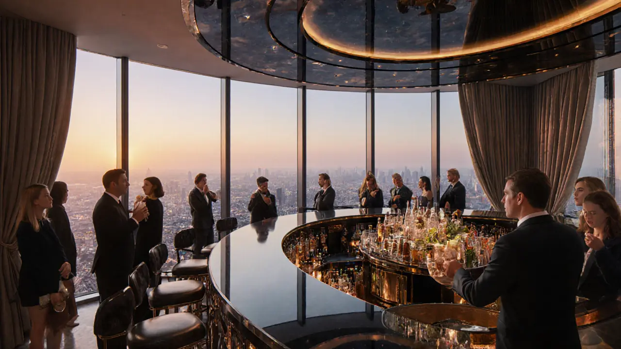 Luxurious high‑rise bar interior with glass walls showing panoramic city view.