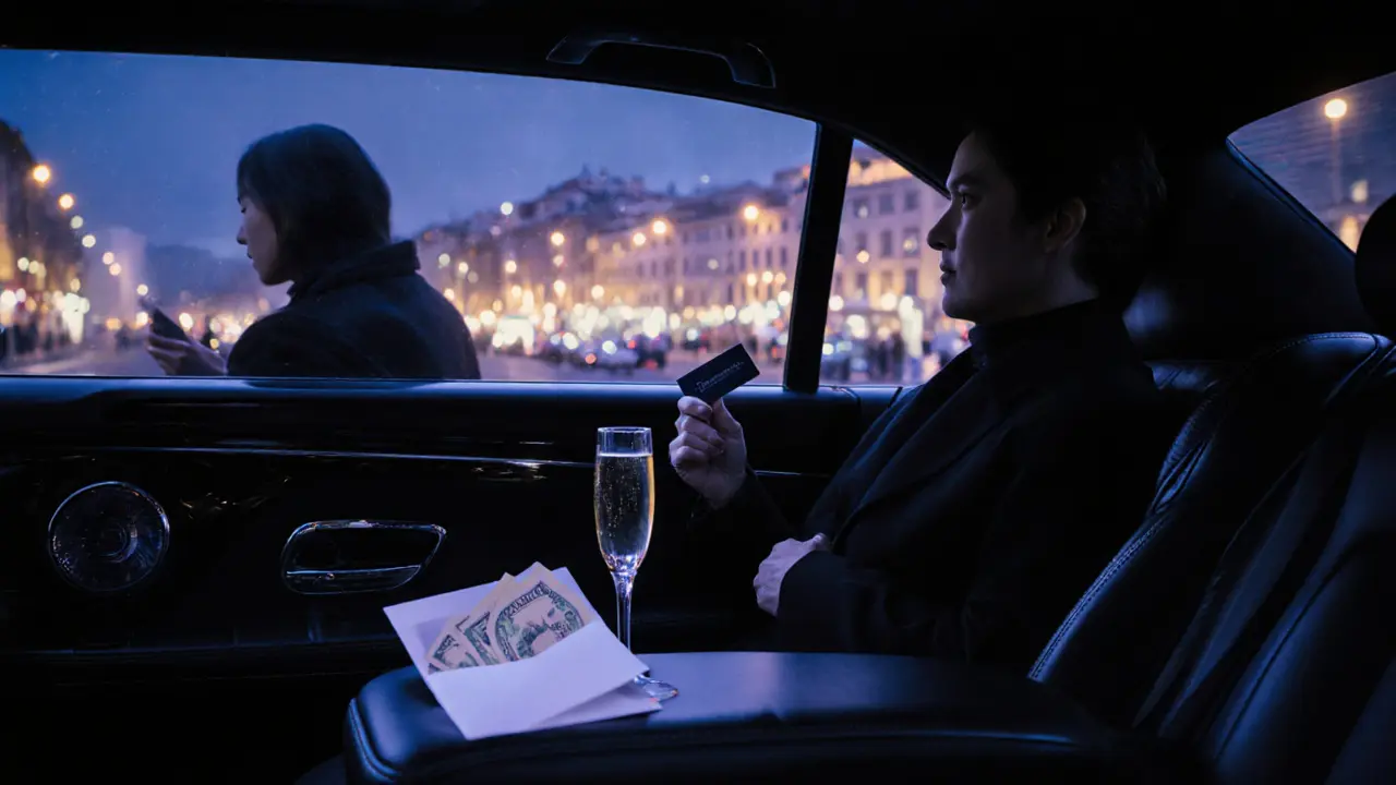 Luxury limousine interior with discreet cash envelope and champagne glass at night.