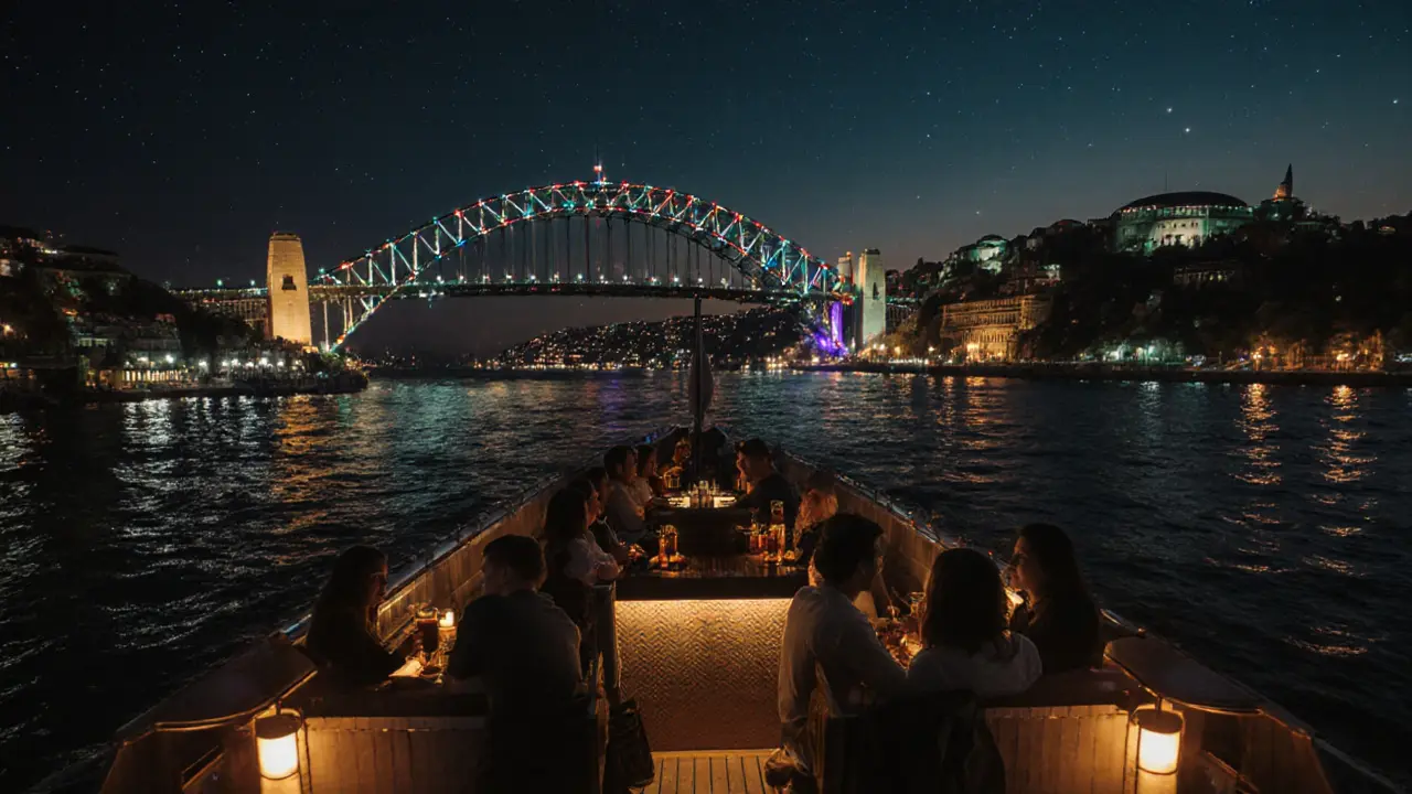 Nighttime Bosphorus cruise with lit bridges, bar deck, and city lights reflected on water.