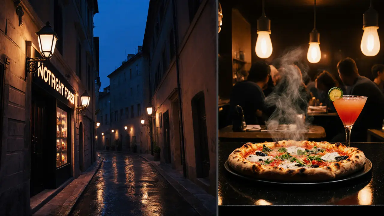 Nighttime view of Nottingham Forest serving sushi‑pizza under warm street lamps.