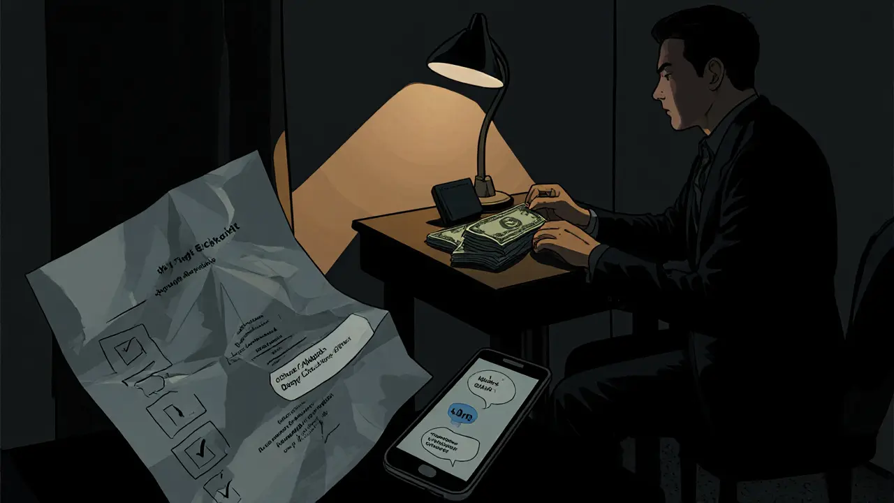 Noir-style hotel suite with cash payment, encrypted phone, and safety checklist.
