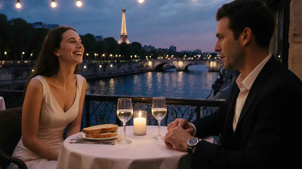 Romantic dinner at a Paris bistro, candlelit table with wine and a smiling companion.