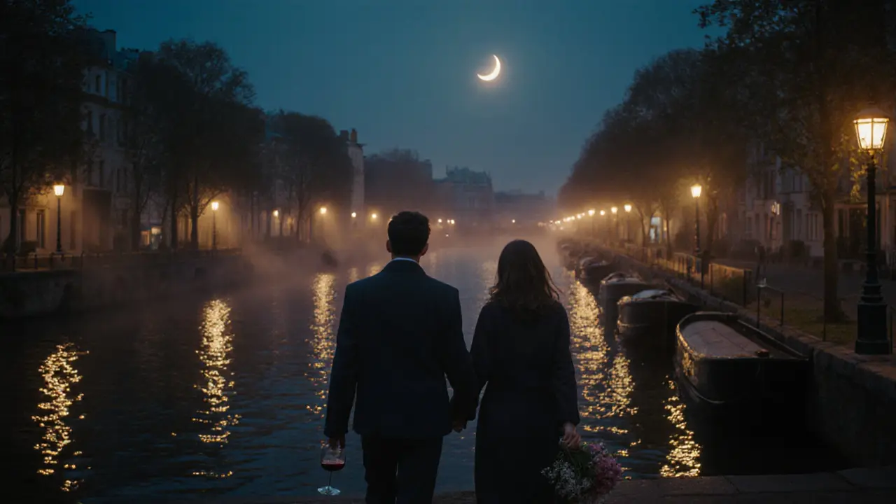 Romantic moonlit walk along Canal Saint‑Martin with couple holding wine and flowers.