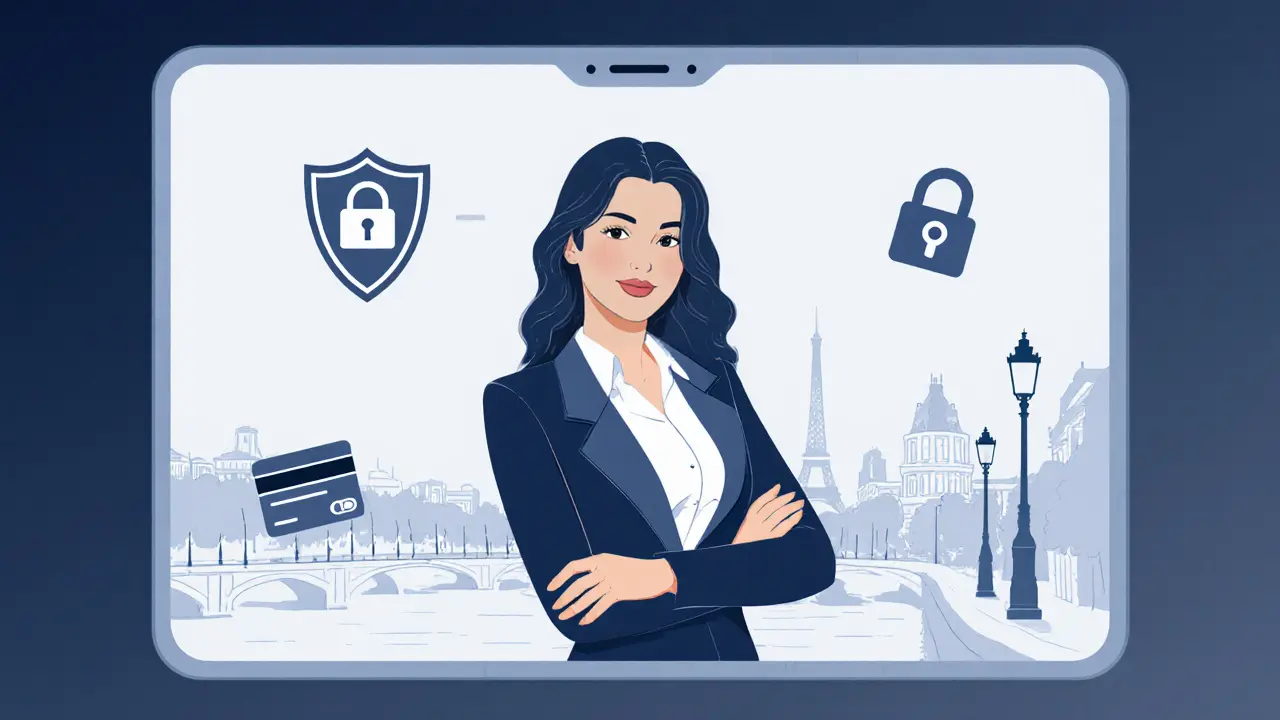 Secure online booking interface showing a verified escort profile with safety icons.