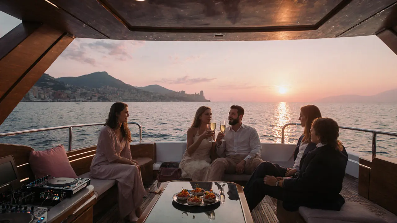 Sunrise on a yacht after a night of partying, guests enjoying a meal and drinks.