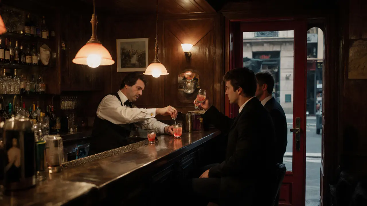 Three men at a cozy wooden bar raising glasses in a dim, intimate Parisian hideaway.