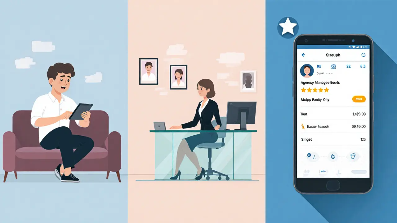 Three panel illustration showing independent freelancer, agency office, and app platform scenes.