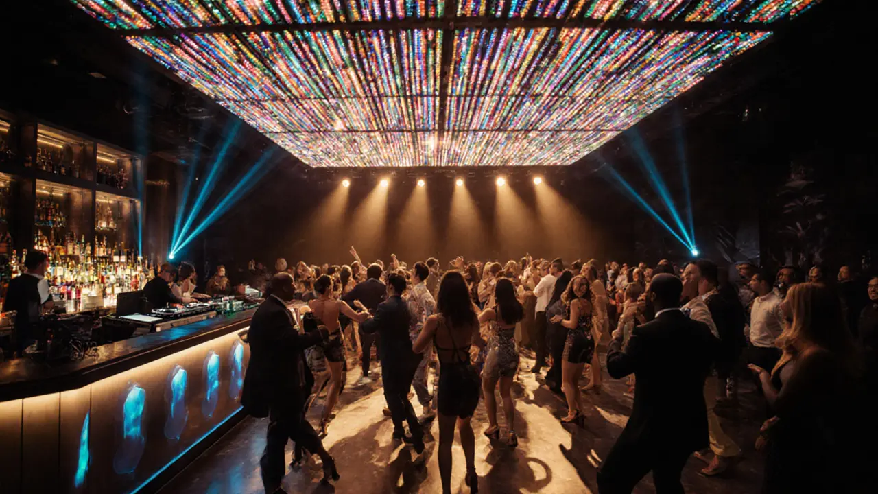 Trillos Nightclub interior with LED canopy, dancing crowd, and vibrant lighting.