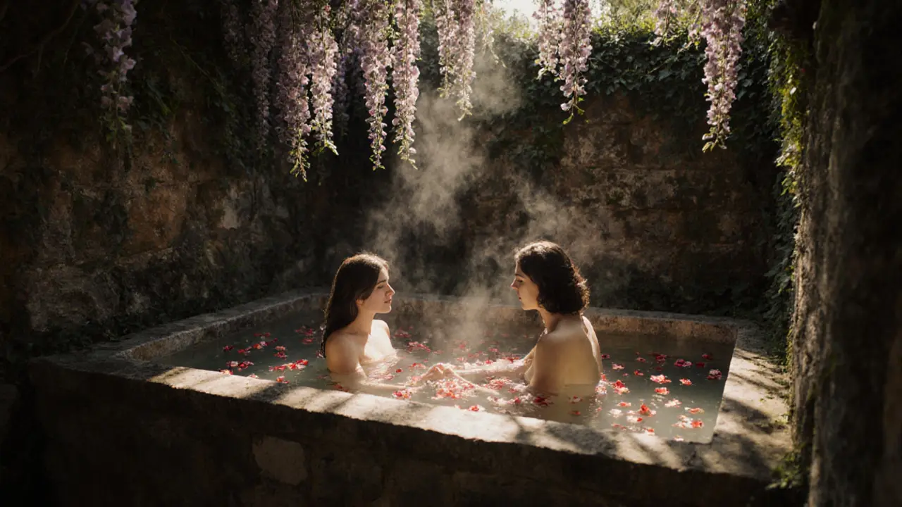 Two people float together in a stone bath surrounded by wisteria and rose petals at a private villa.