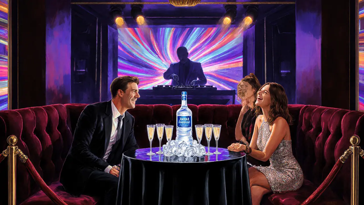 VIP booth with champagne bottle and stylish guests inside a Monaco nightclub.