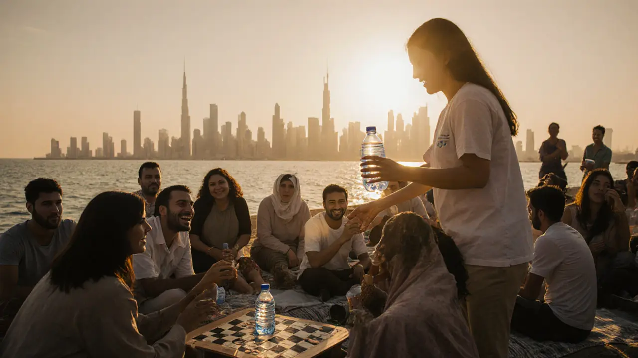 Volunteers and community members enjoying a sunset event near the Corniche in Abu Dhabi, laughing and playing games together.