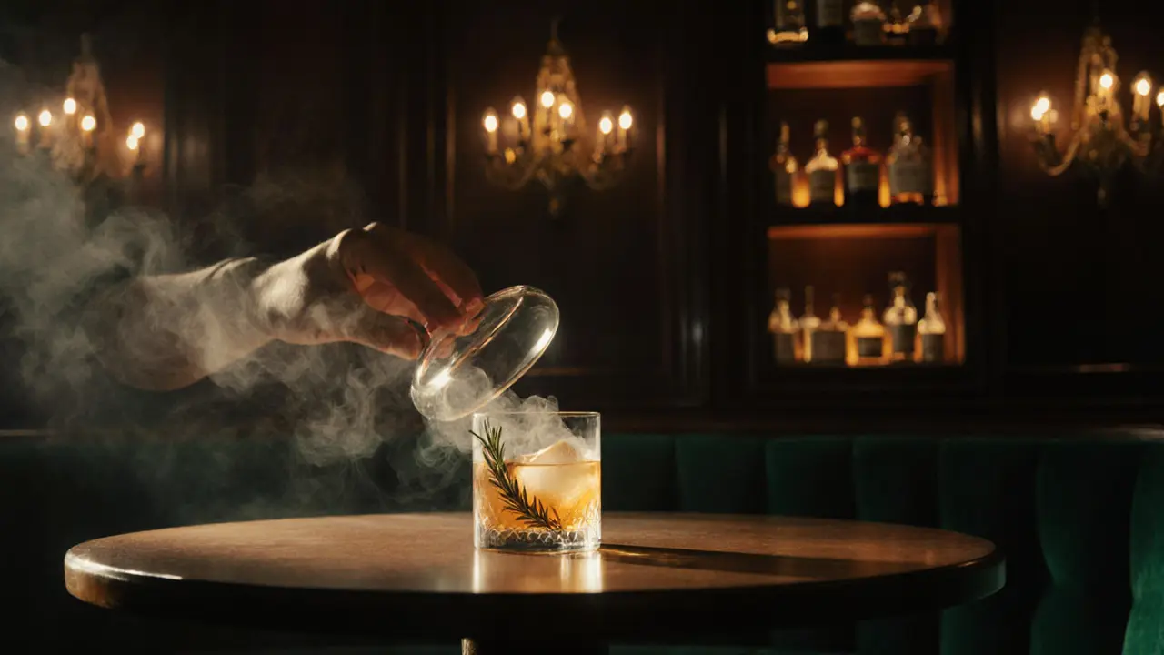 A bartender lifts a rosemary smoke dome over an Old Fashioned cocktail in a dim, elegant bar.