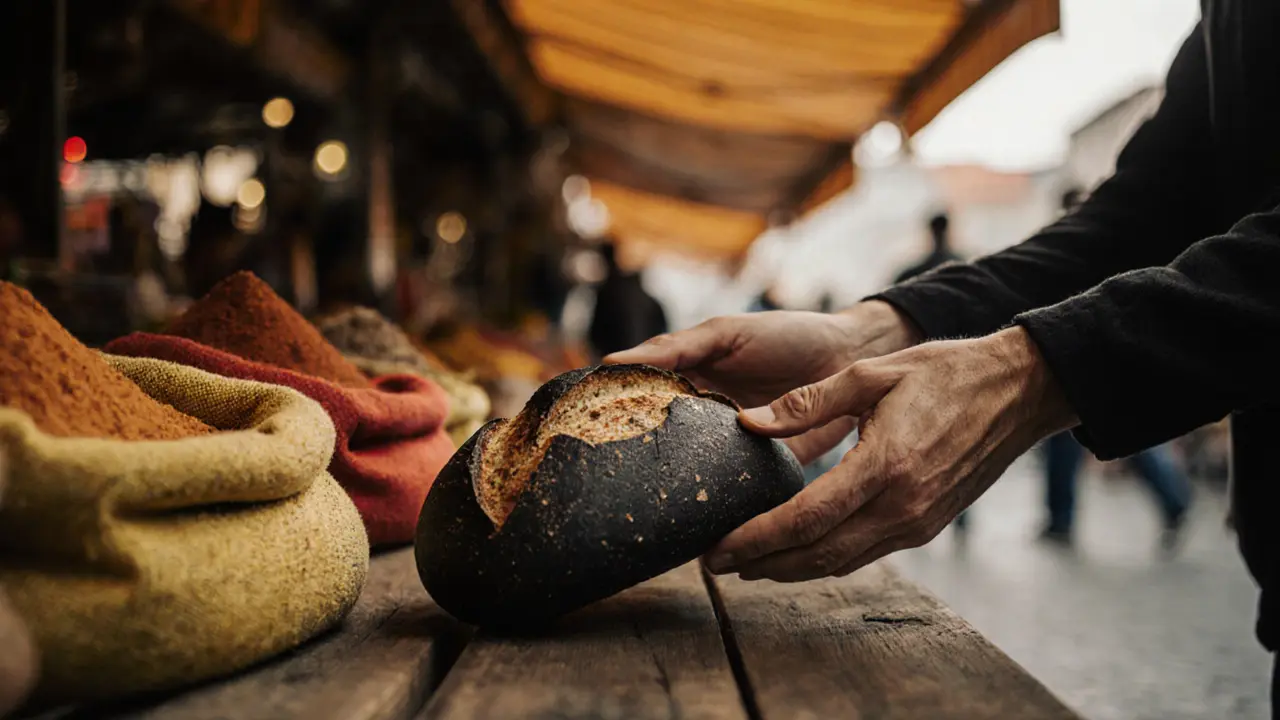 A black bread loaf offered at Yorckstraße Market, surrounded by spices, hands gently presenting it in soft natural light.