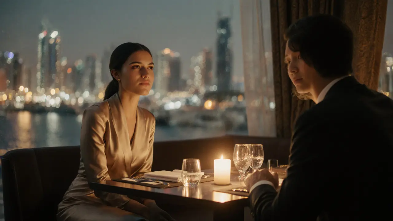 A couple enjoying a quiet dinner at Zuma restaurant with soft candlelight and Dubai Marina lights in the background.