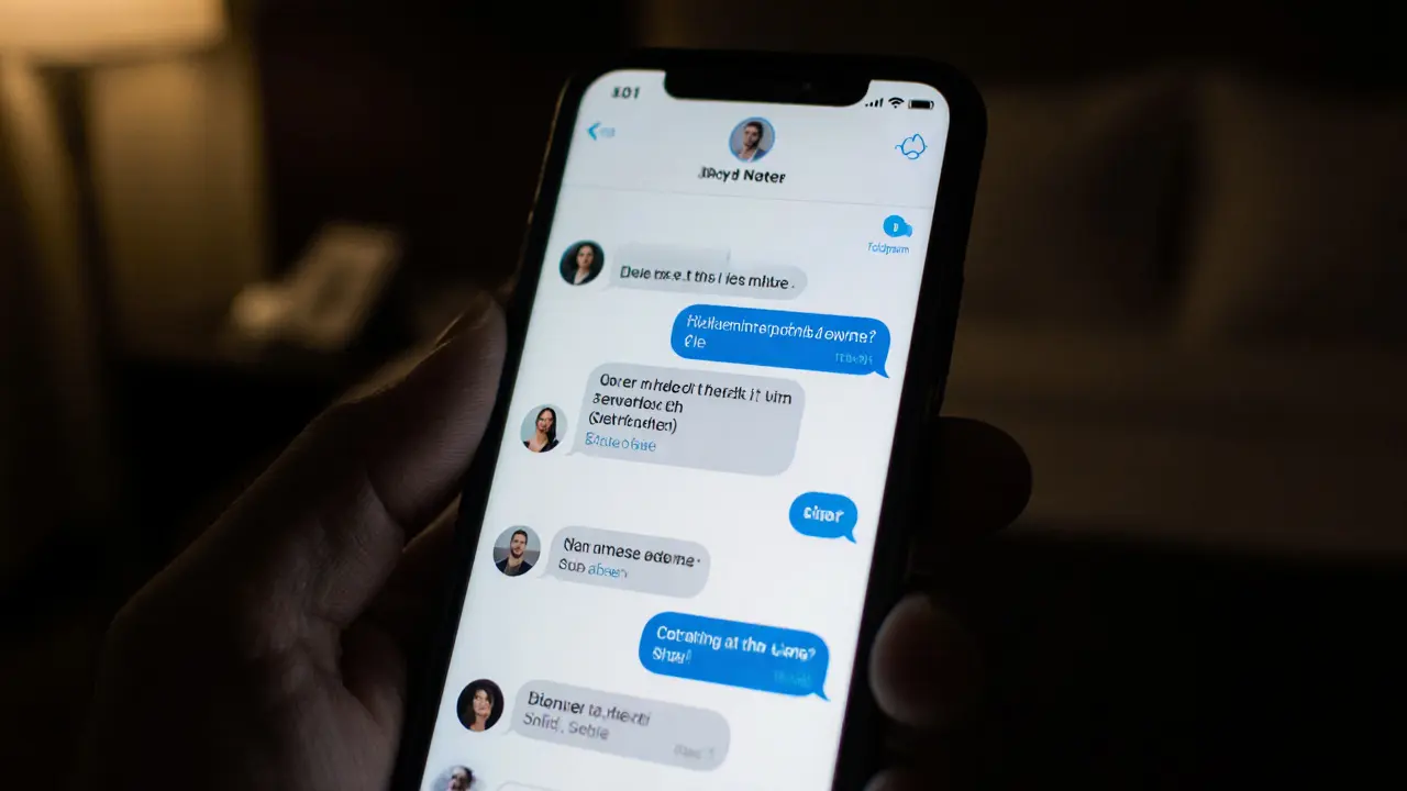 A dark hotel room with a smartphone showing a private chat, glowing softly in the shadows.