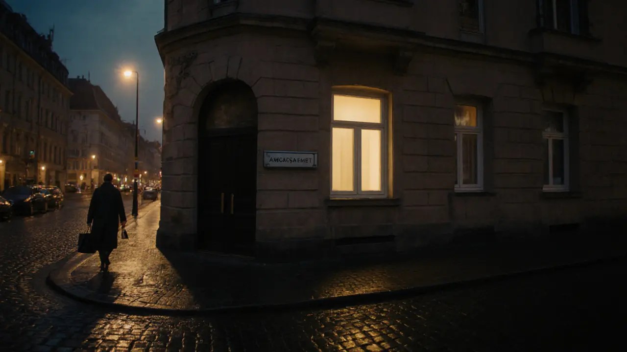 A discreet, safe meeting location in Berlin&#039;s Mitte district at night with soft lighting and quiet streets.