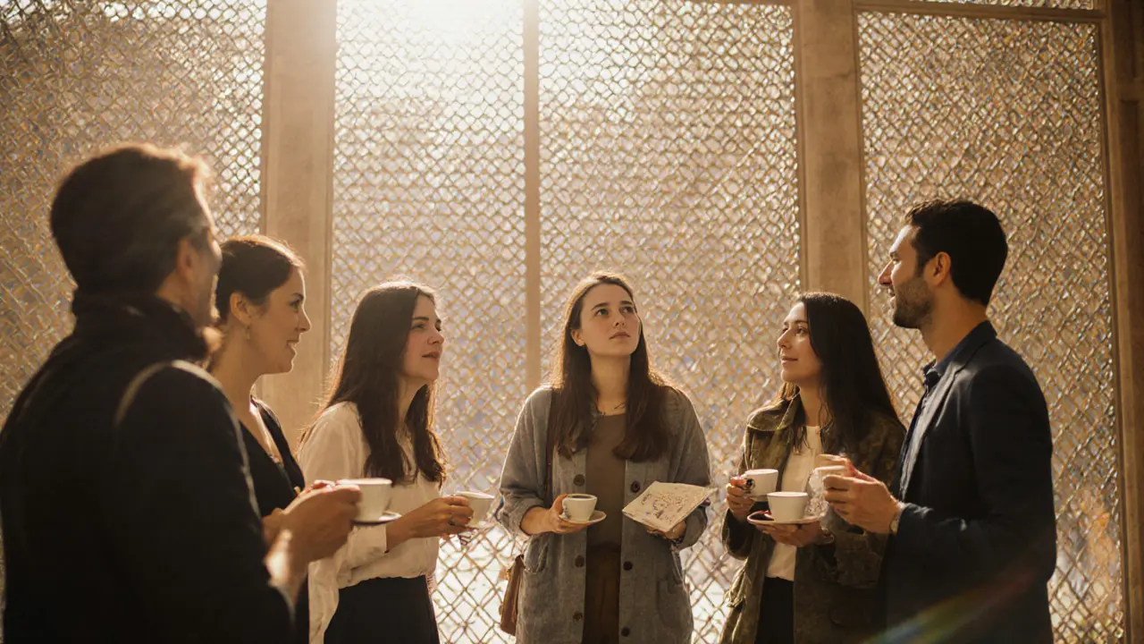 A diverse group of people enjoying coffee and art at a cultural event in Abu Dhabi&#039;s Louvre courtyard.