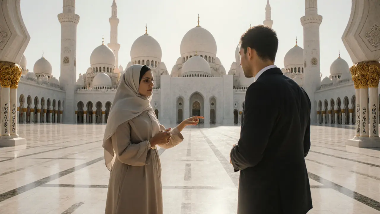 A female cultural guide explains the Sheikh Zayed Grand Mosque to a tourist, surrounded by architectural beauty.