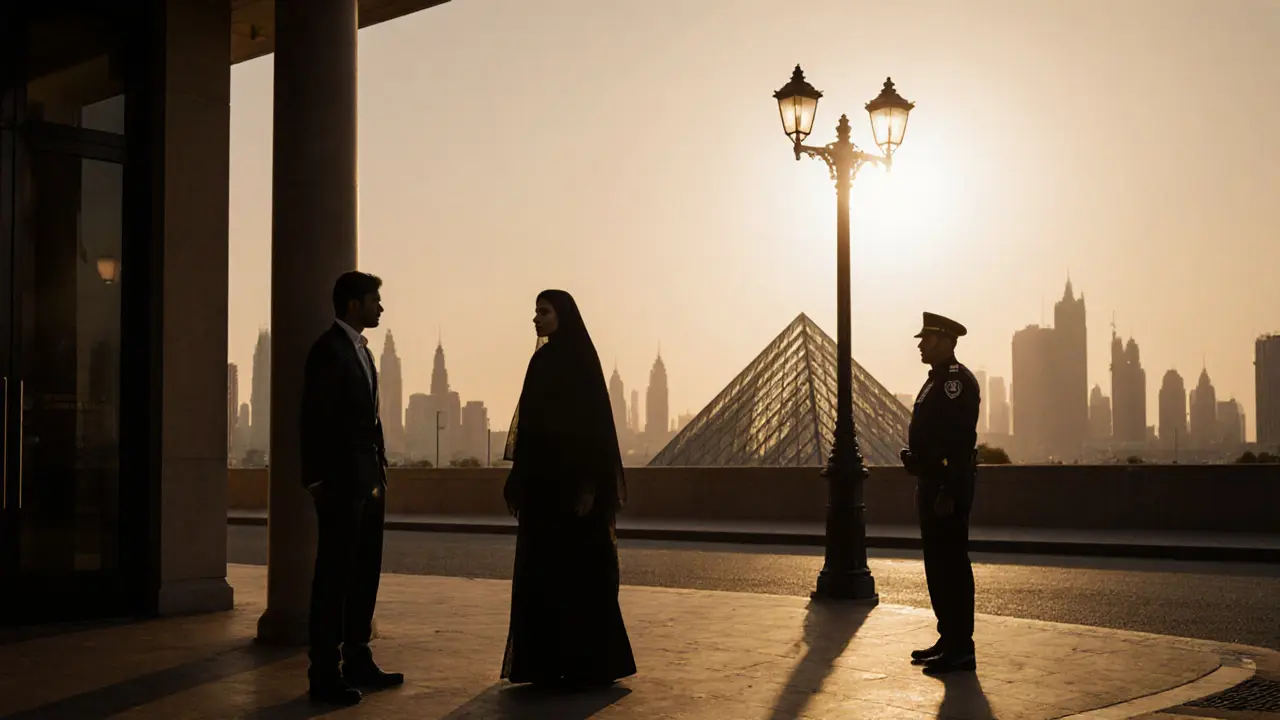 A foreign man and woman separated by distance, with a police officer watching nearby at sunset in Abu Dhabi.