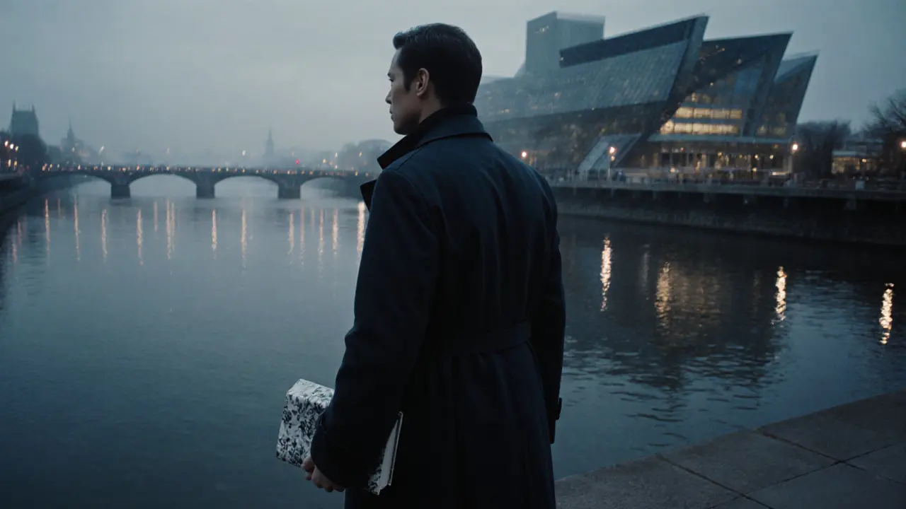 A former elite escort walking alone at dawn near Tate Modern, holding an art book, city quiet in the mist.