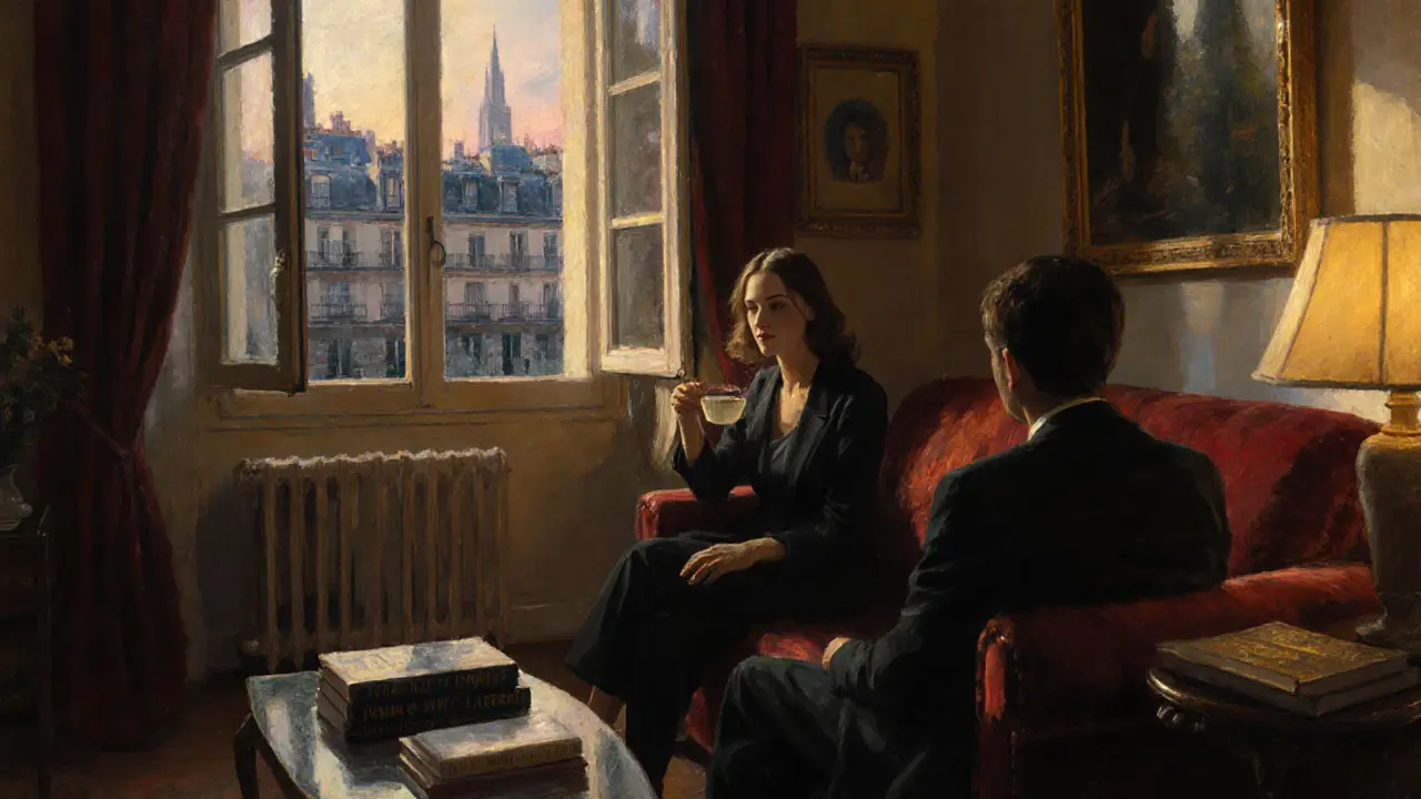 A French literature professor sits with a client in a cozy Paris apartment, sharing tea among books by Camus and Sartre.