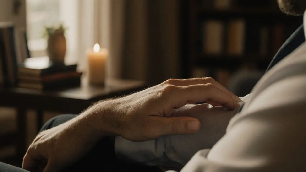 A gentle hand rests on an arm, conveying connection without intrusion.